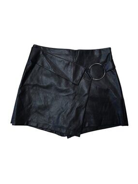 Joe Benbasset Black Faux Leather Skort Womens M High Waist Wrap Ring Accent.